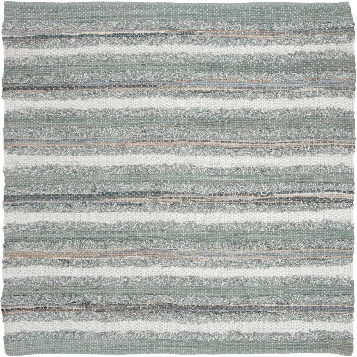 Square cotton rug combines misty gray, cream, and muted warm stripes in a relaxed pattern.