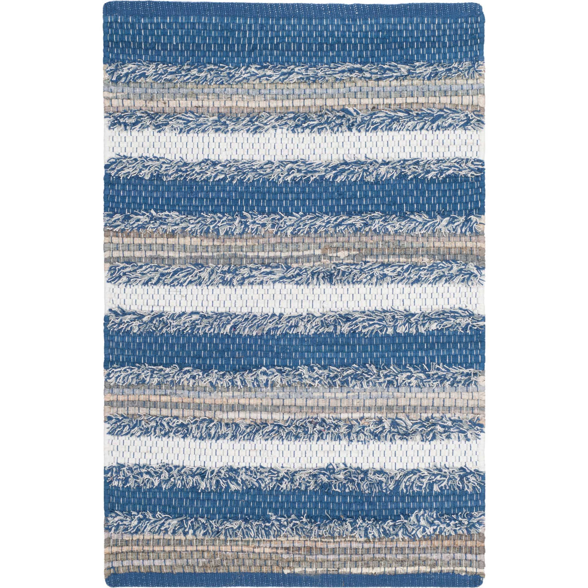 Compact blue cotton accent rug combines indigo bands with cream and natural tan stripes.