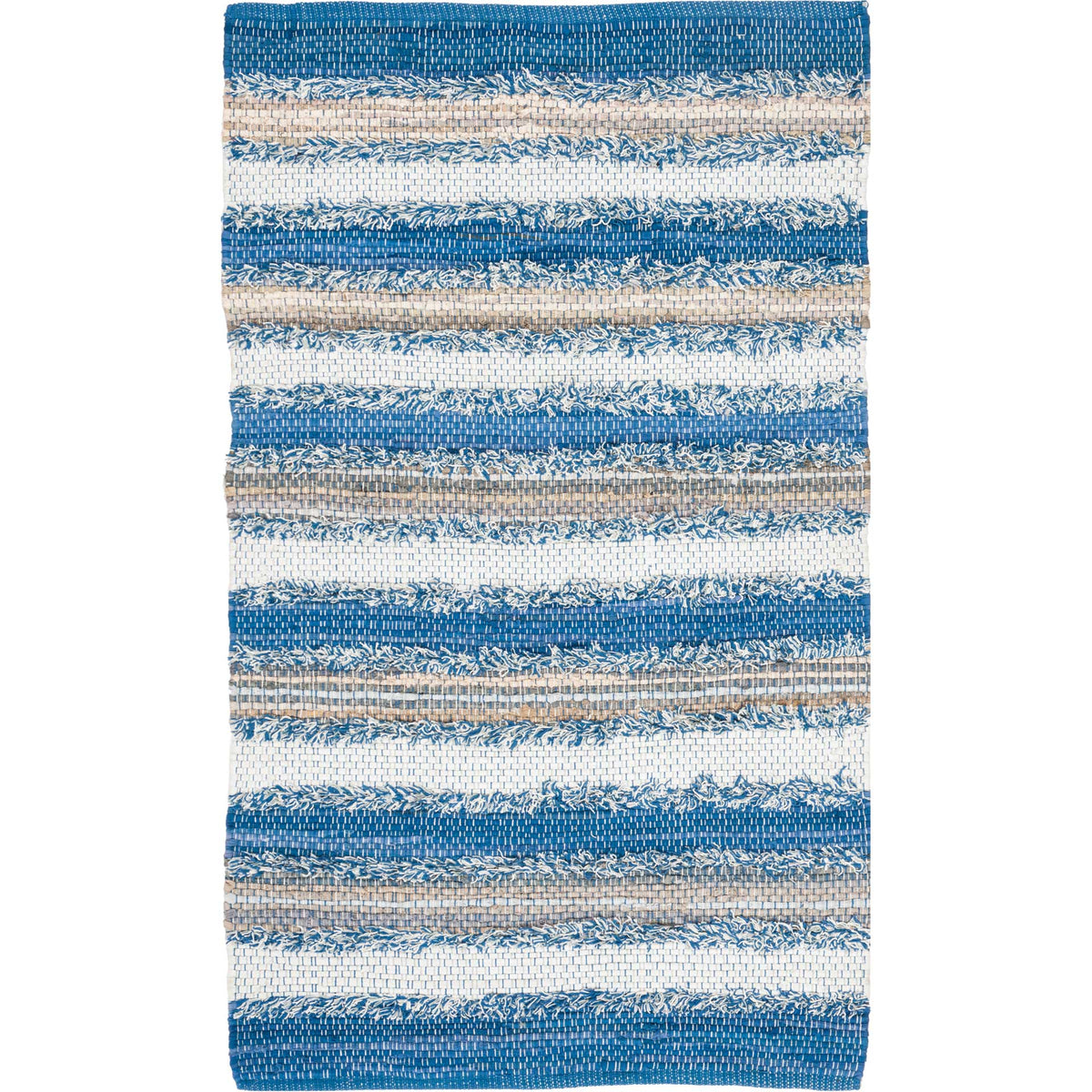 Bold blue, cream, and tan stripes give this handwoven cotton rug a lively look.