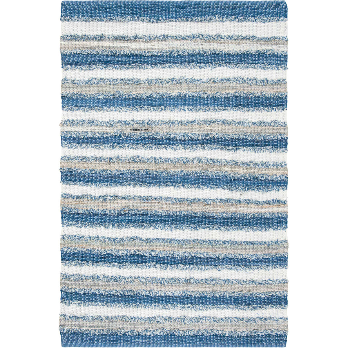 Varied blue stripes weave between light ivory and sand tones on a cotton rug.