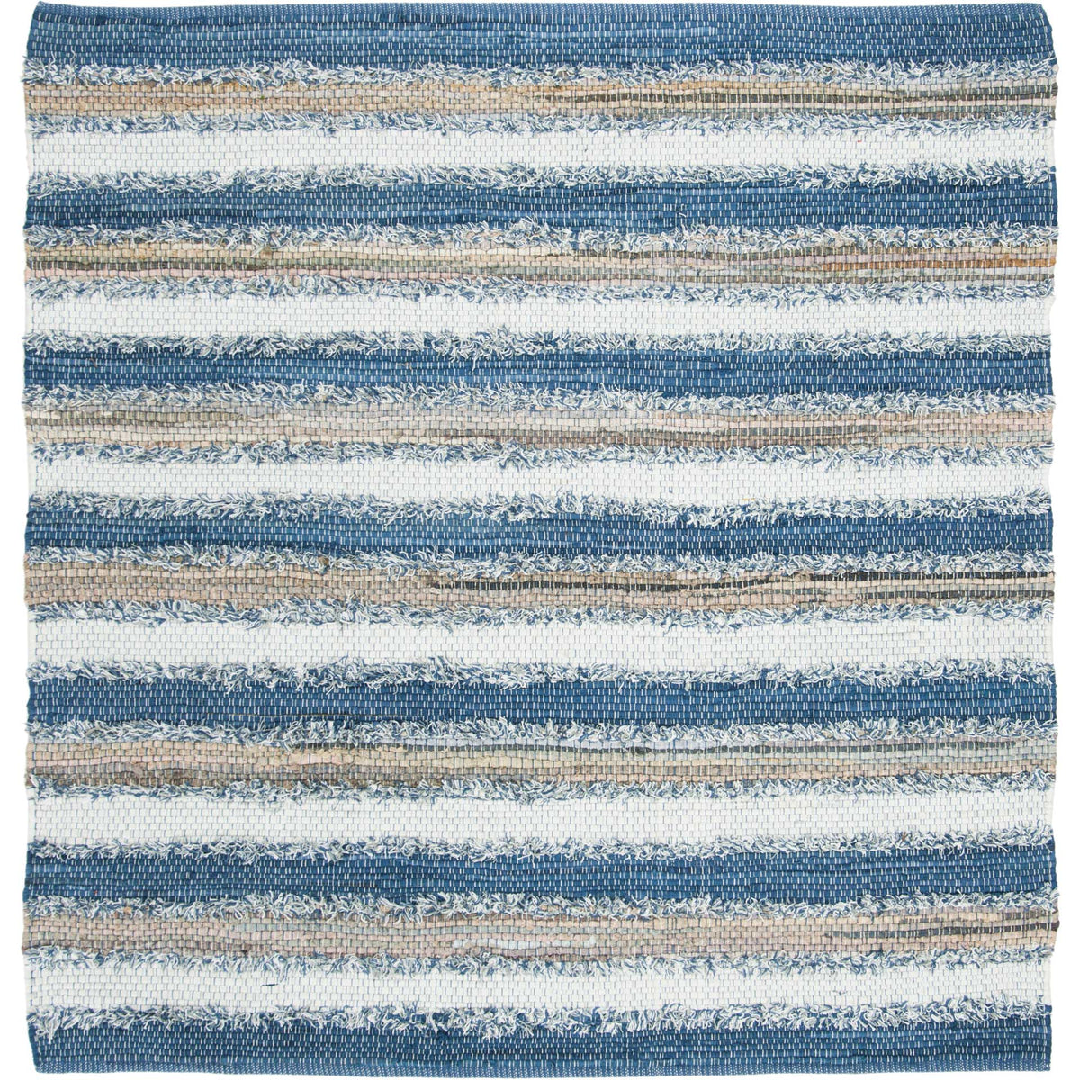 Square blue cotton rug features layered navy, white, and tan stripes for a coastal feel.