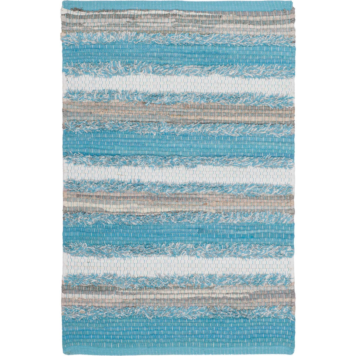Small cotton accent rug pairs bold turquoise stripes with cream and natural tan yarns.