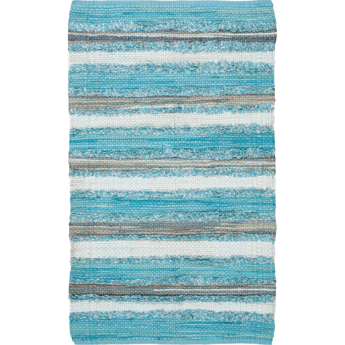Vibrant aqua bands alternate with ivory and taupe in a compact handwoven cotton rug.