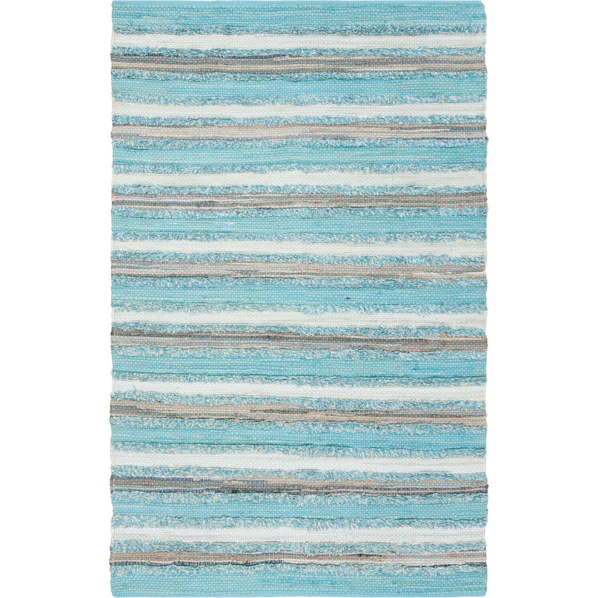 Aqua and sandy stripes run across a textured cotton rug with a relaxed look.