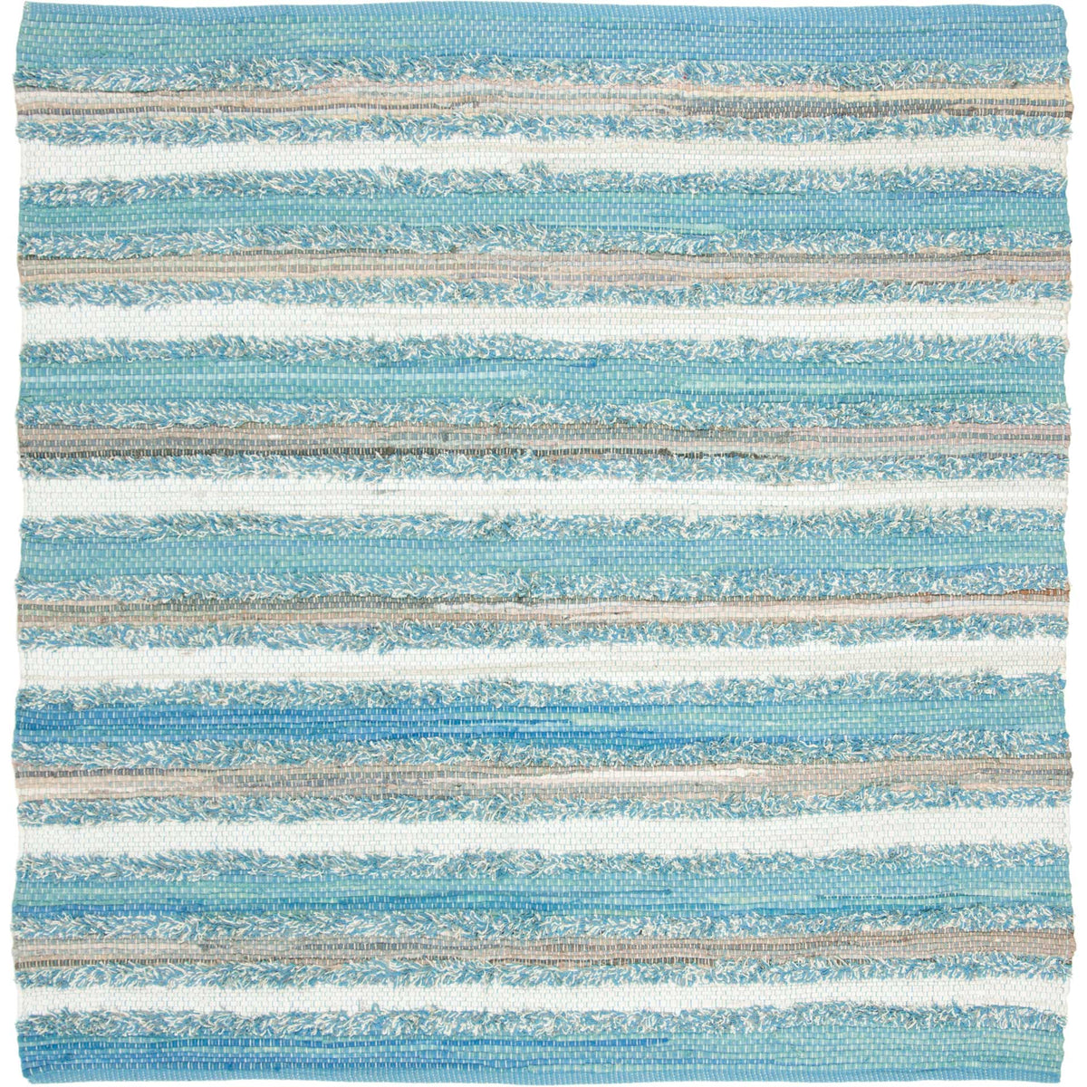 Square aqua cotton rug mixes soft white bands with narrow tan stripes and woven texture.