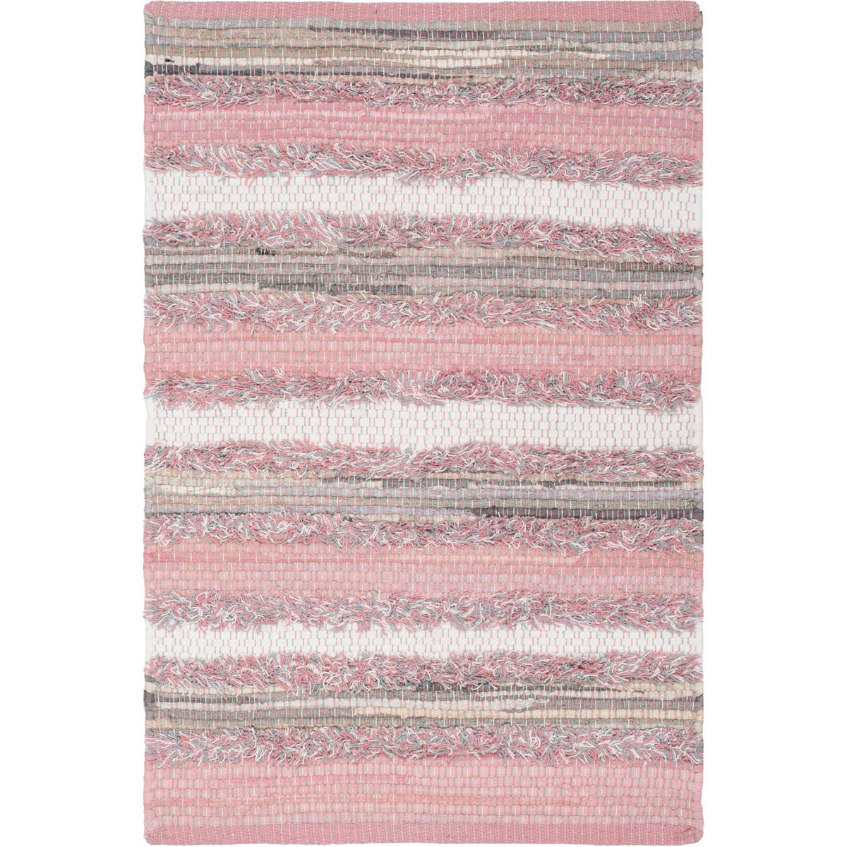 Compact pink cotton rug features soft white stripes and fine gray woven accents.