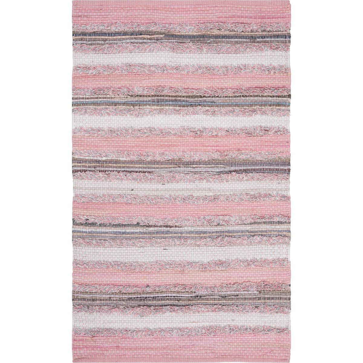 Playful pink bands alternate with cream and dark woven stripes in this cotton rug.