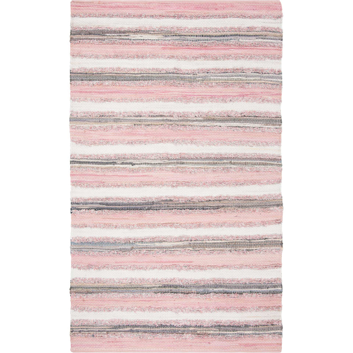 Pink and ivory stripes are grounded by slender charcoal bands on a textured cotton rug.
