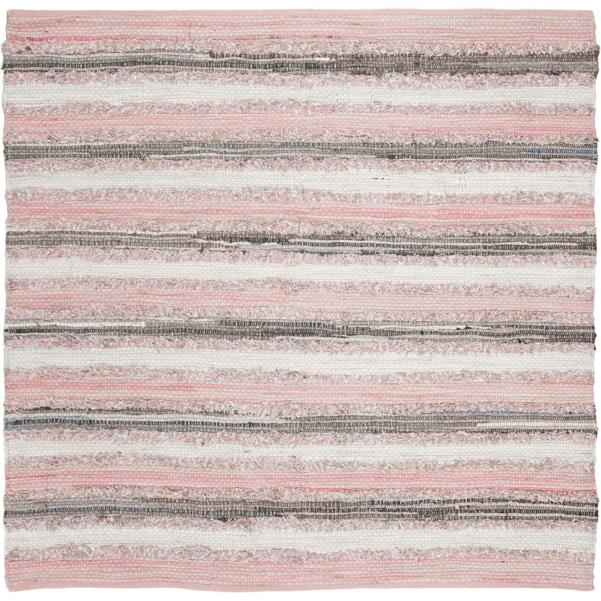 Square cotton rug layers soft pink, cream, and charcoal stripes for gentle color contrast.