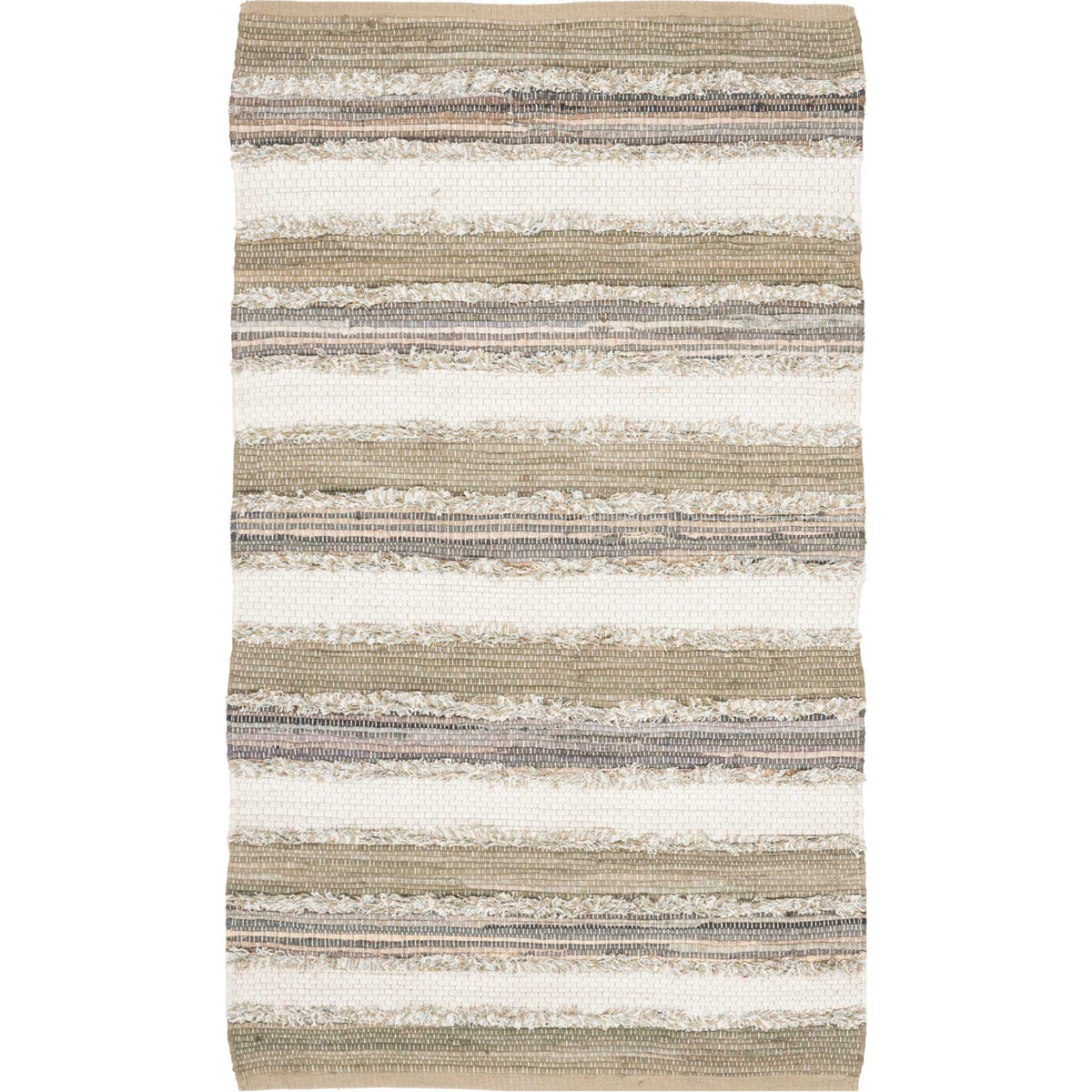 Compact striped rug balances cream bands with earthy beige and taupe cotton yarns.