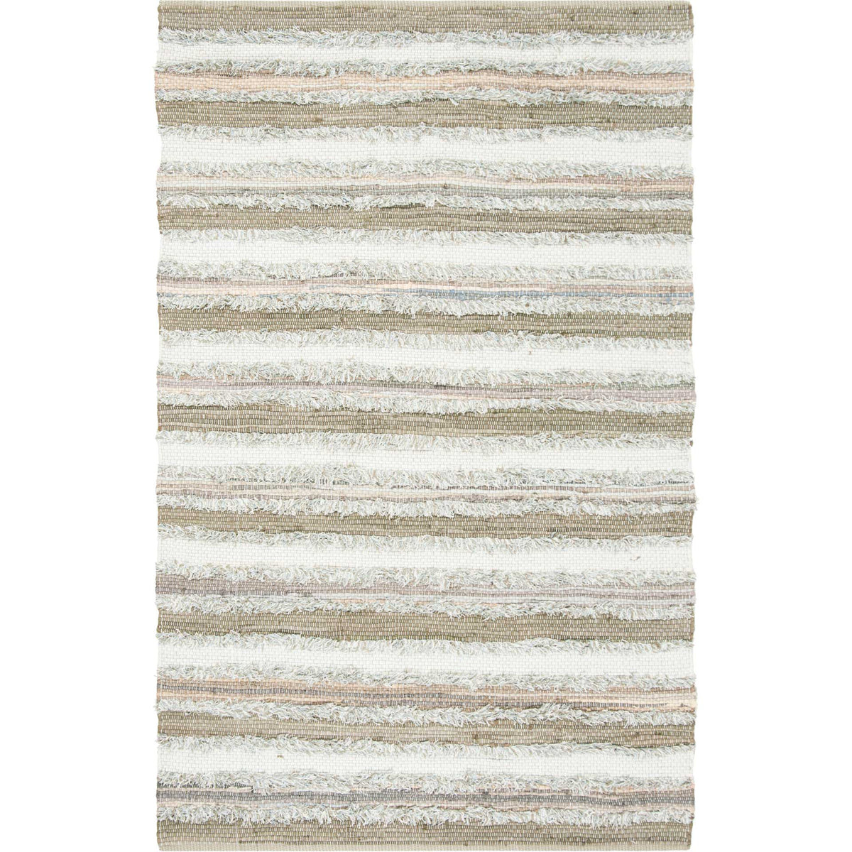 Beige and ivory stripes blend with subtle tan accents across a handwoven cotton rug.