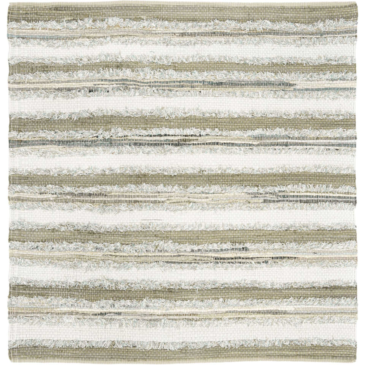 Square cotton rug pairs creamy white bands with warm beige and earthy woven stripes.
