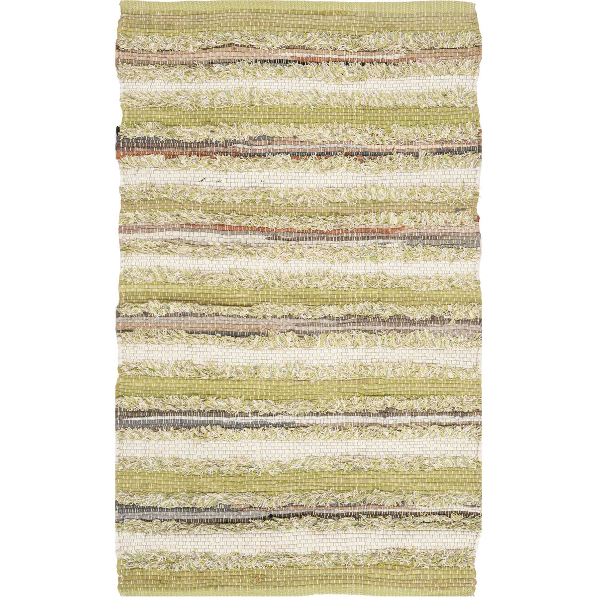Fresh olive and cream stripes with earthy accents enliven a compact cotton rug.