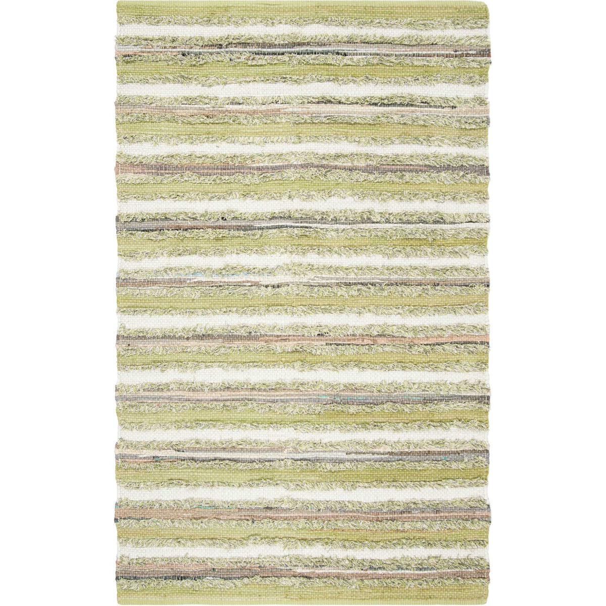 Muted green and ivory bands frame thin, multicolored stripes on this handwoven cotton rug.
