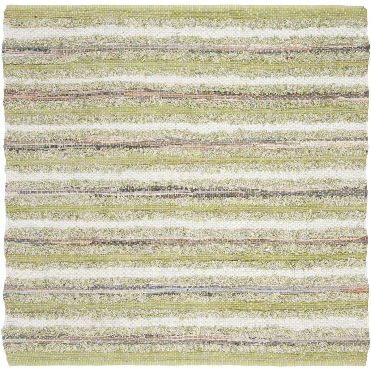 Square green cotton rug pairs sage-toned bands with cream and slim earthy stripes.