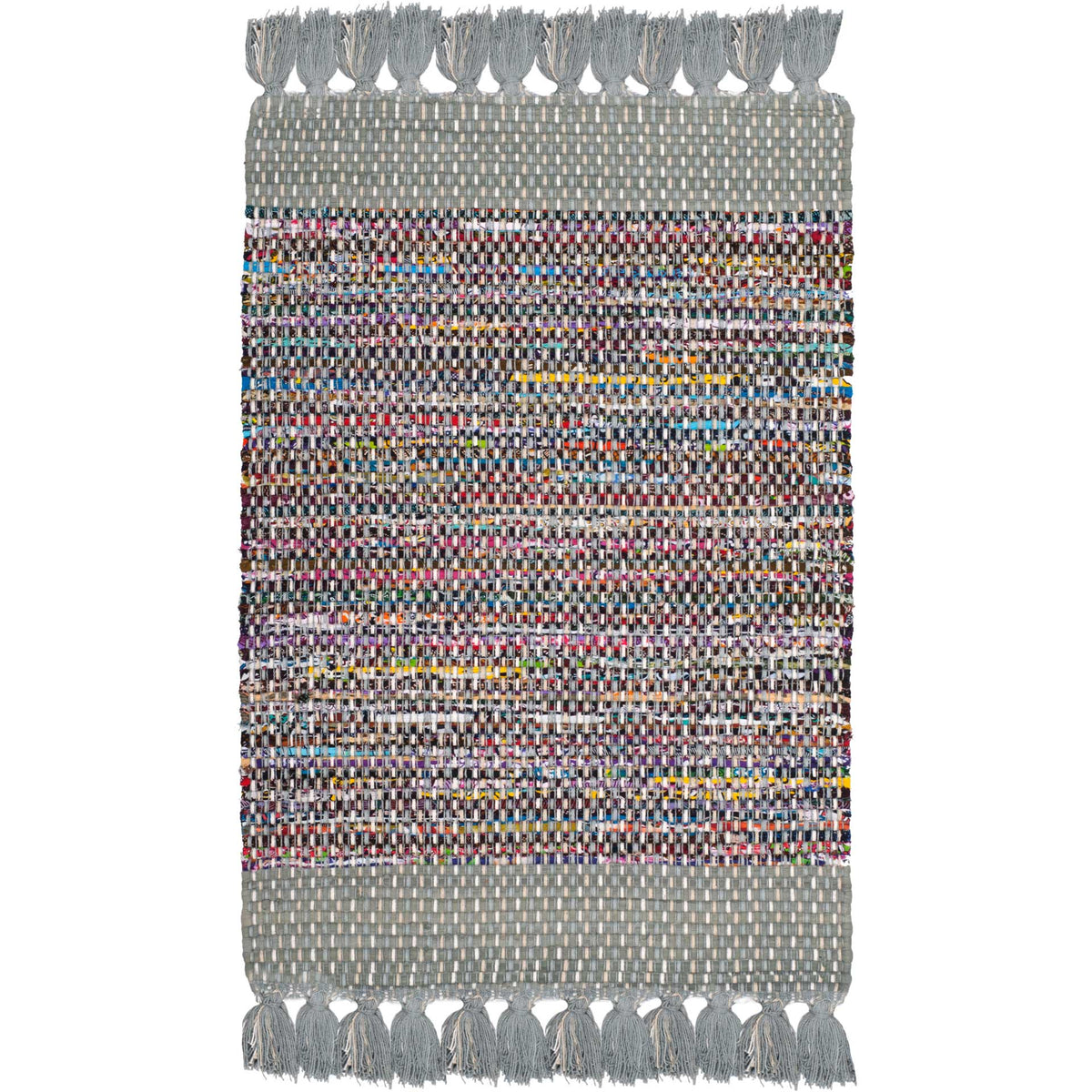 Gray cotton rug with softly blended color flecks, woven end borders, and tassels || MTK972A-8 || top_studio