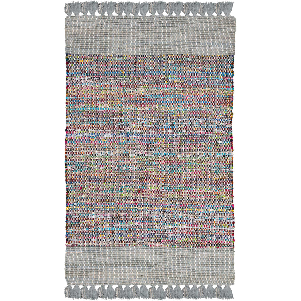 Gray cotton rug with vivid multicolor threads and woven, fringed borders