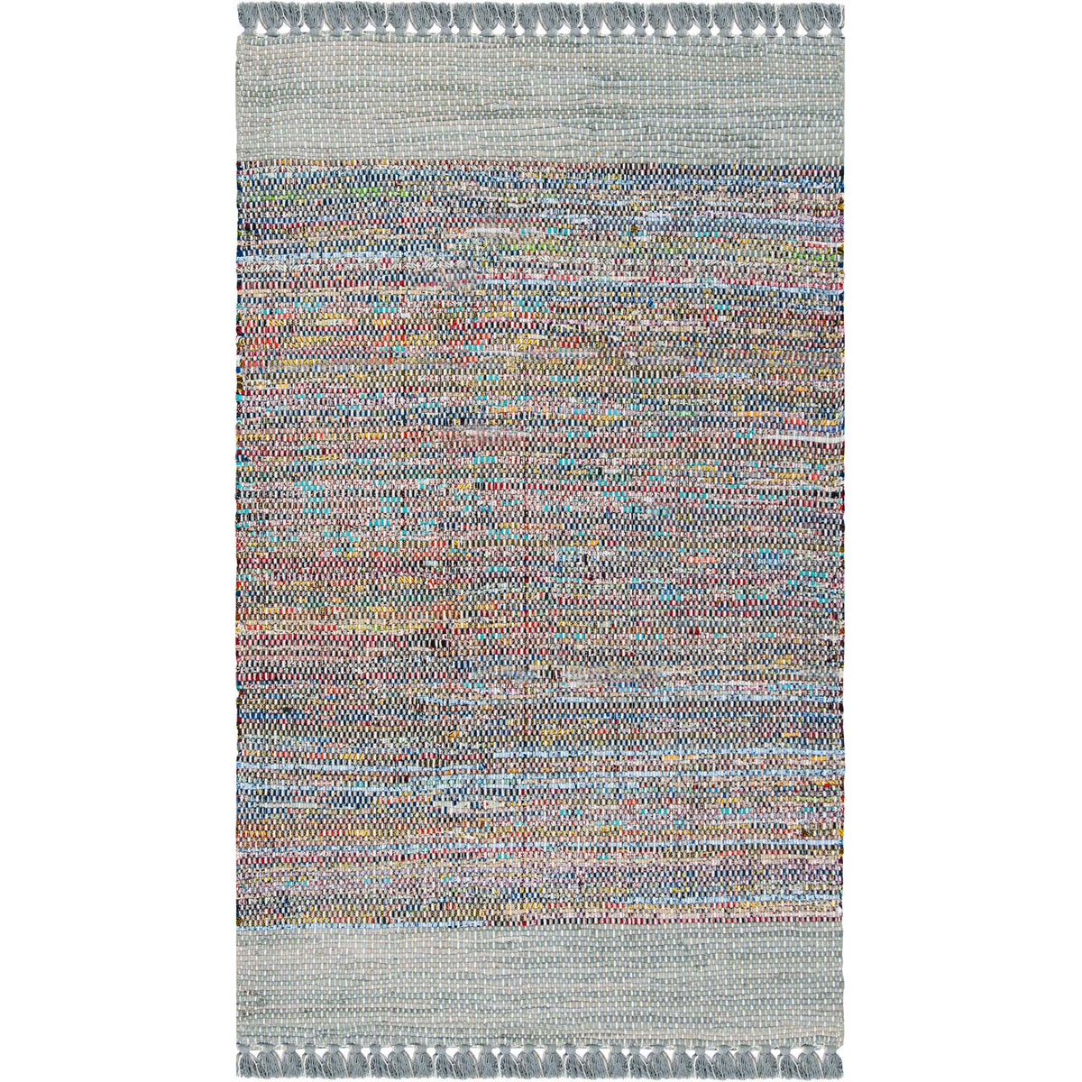 Gray cotton rug with multicolored woven bands and tasseled short ends