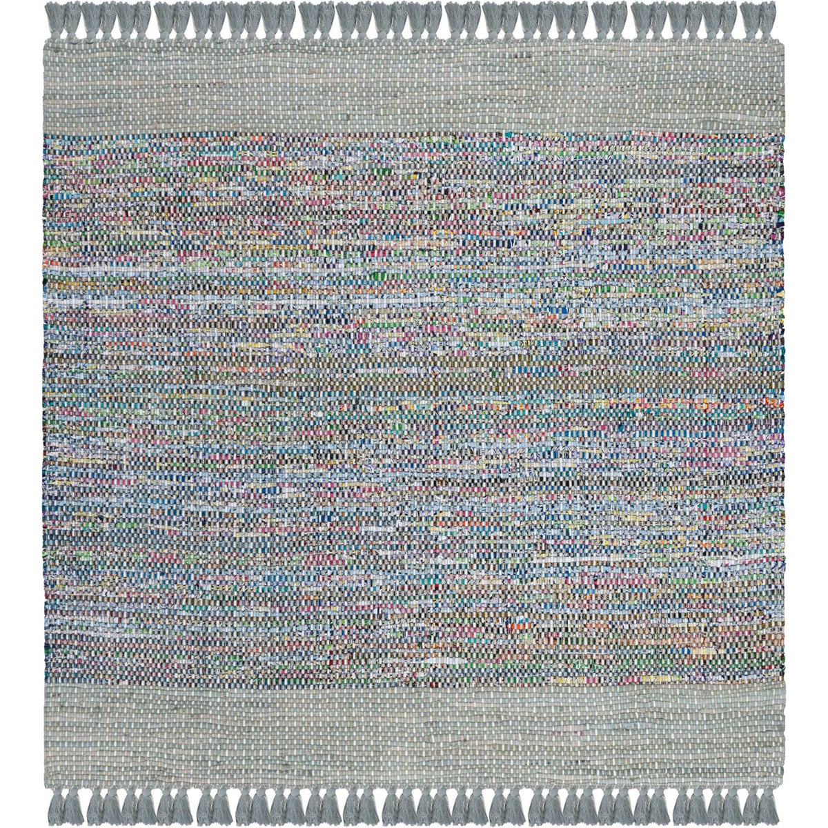 Square gray rug with a densely speckled multicolor center and fringed borders