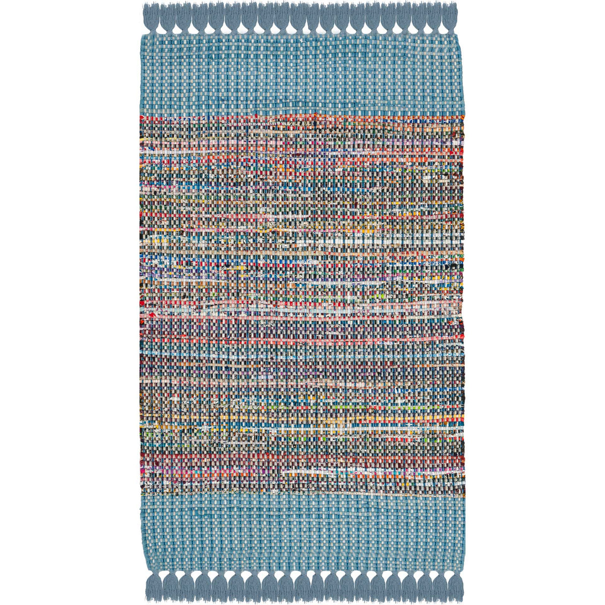 Blue cotton rug with a speckled multicolor center and tasseled ends