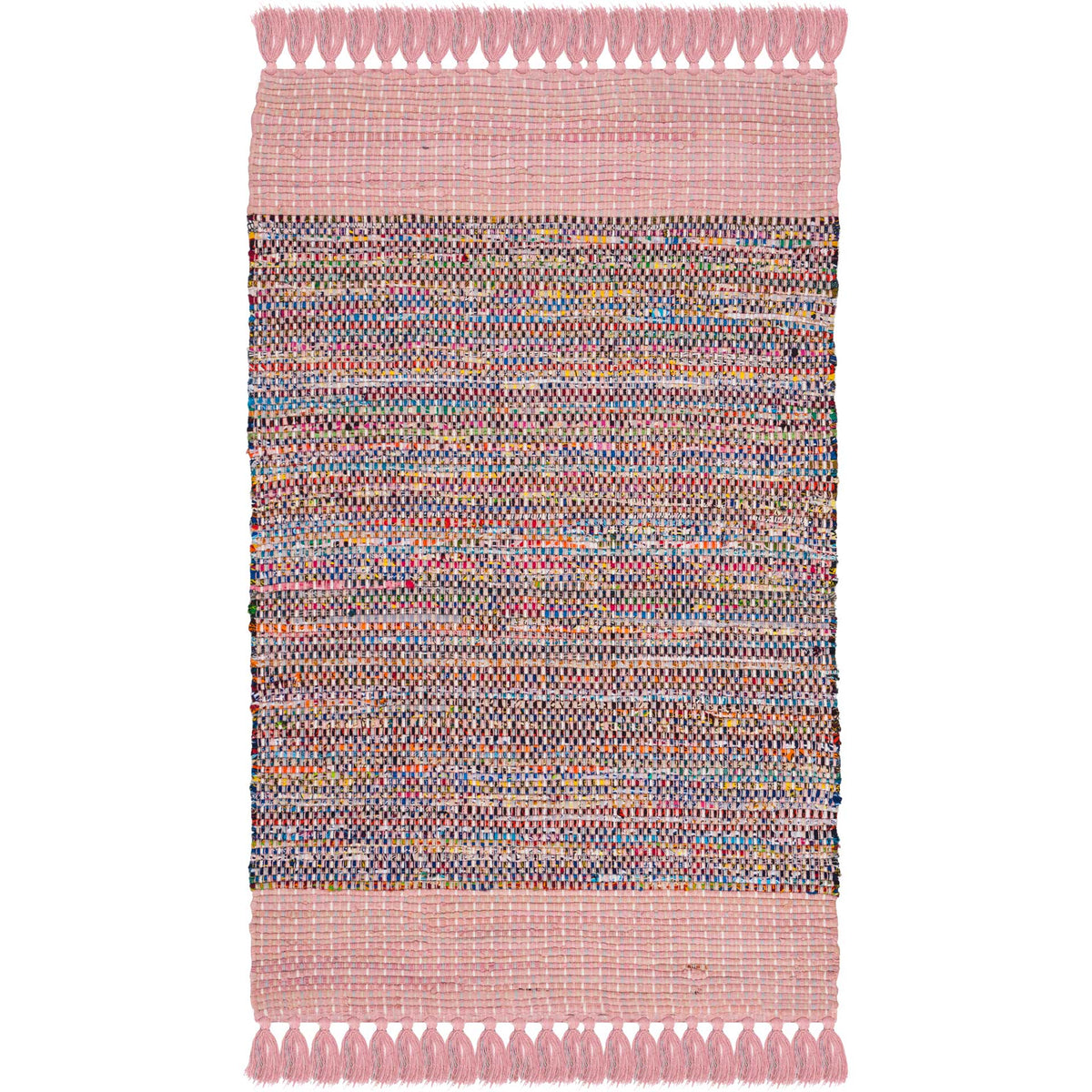 Pink cotton rug with densely woven multicolor bands and fringe at each end