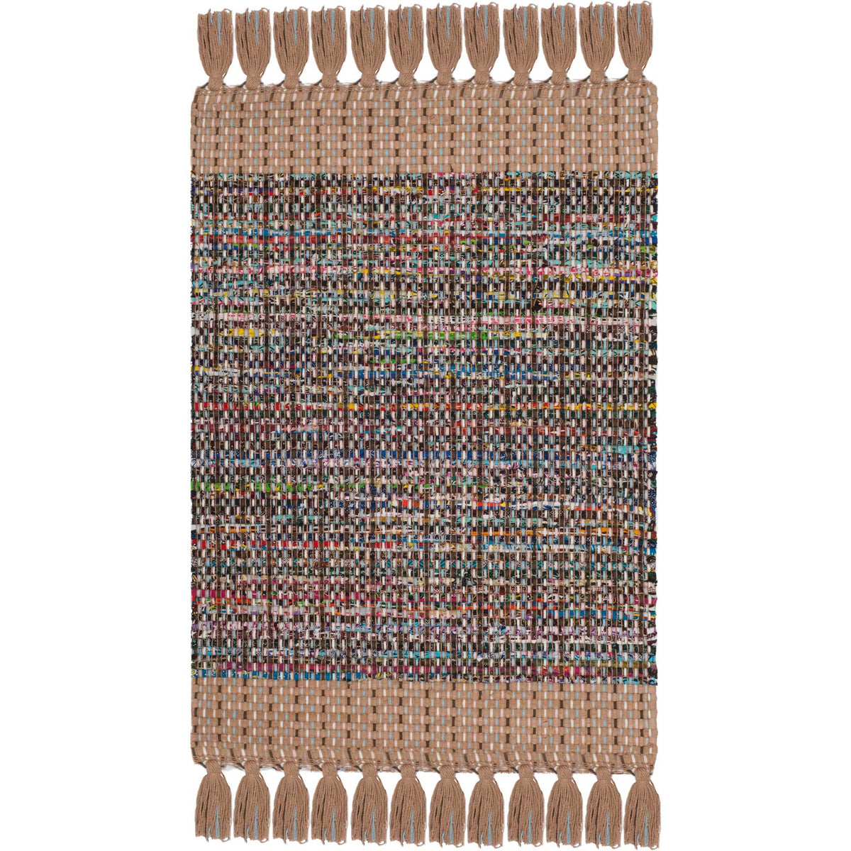 Compact beige cotton rug with dense multicolor weaving and long end tassels