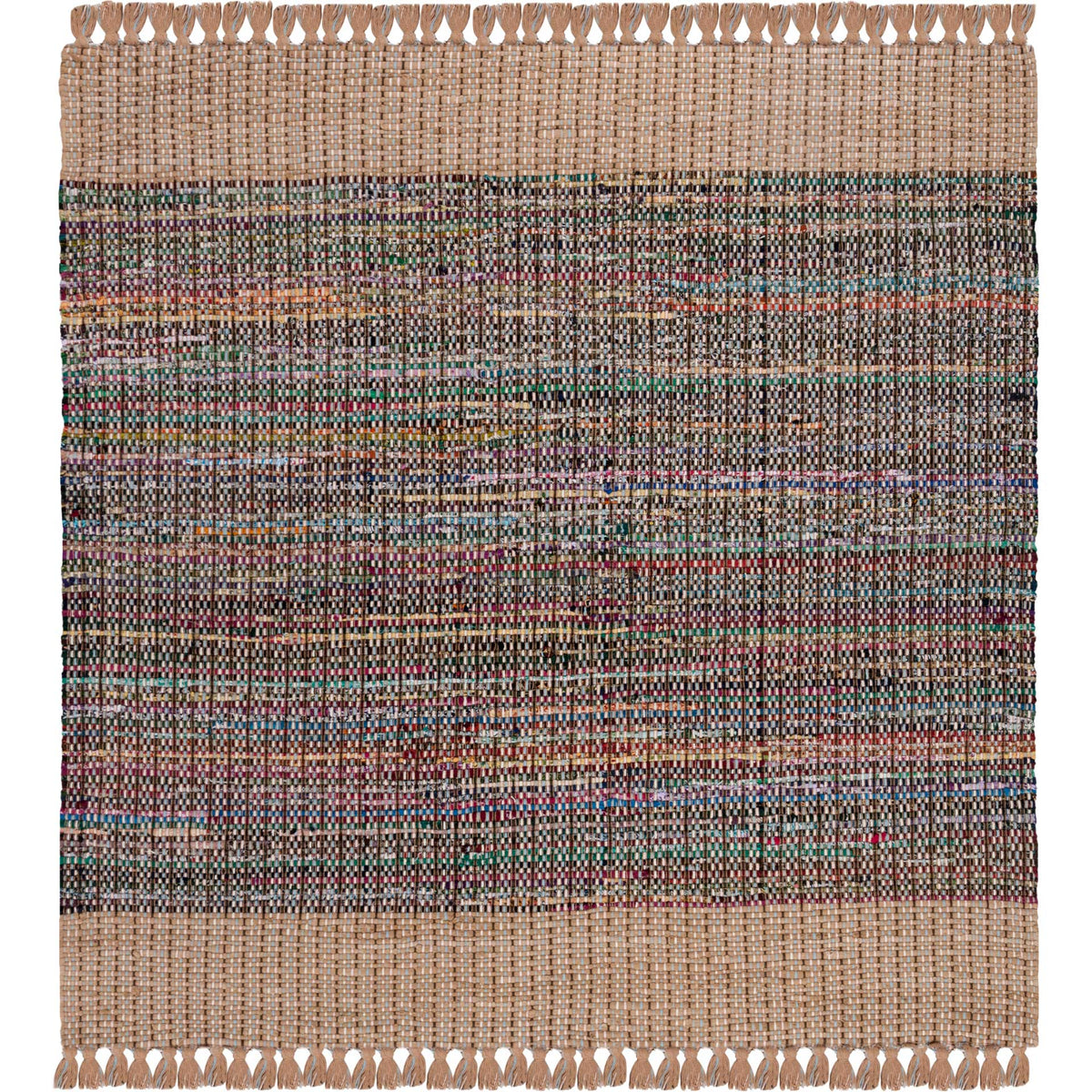 Square beige cotton rug with a vibrant woven center and tasseled edges
