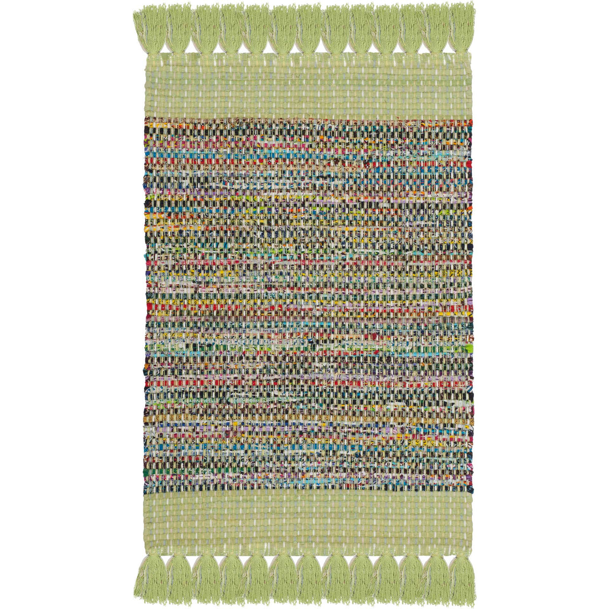Compact green accent rug with dense multicolor weaving and generous end tassels