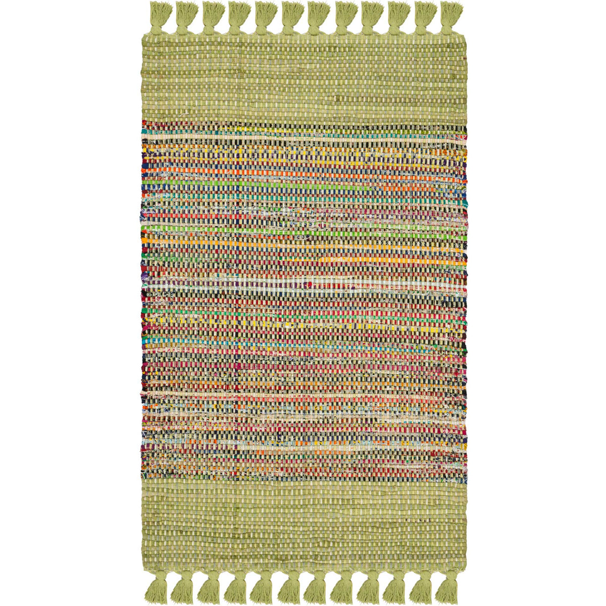 Green cotton rug with lively interwoven color and tassels at both ends