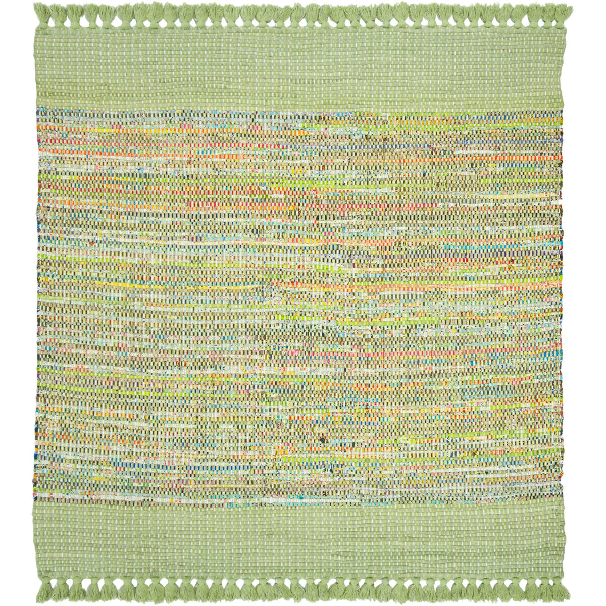 Square green rug with colorful woven bands, broad end borders, and matching fringe