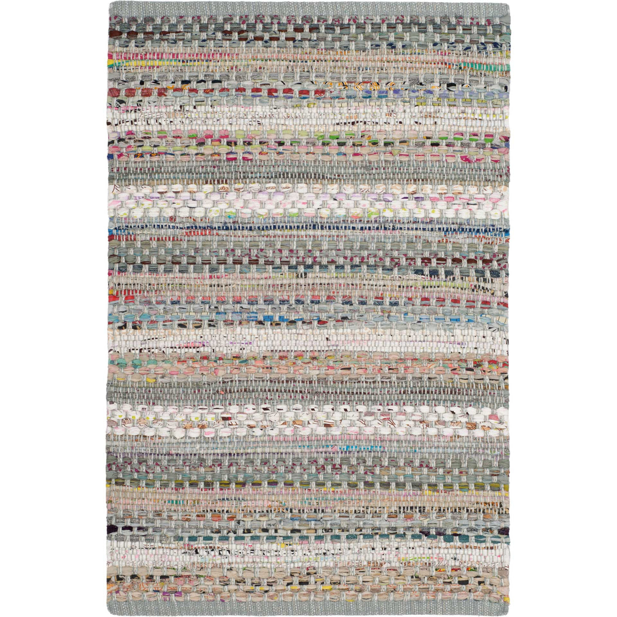 A compact gray cotton rug reveals woven white bands and flecks of pink, blue and green.