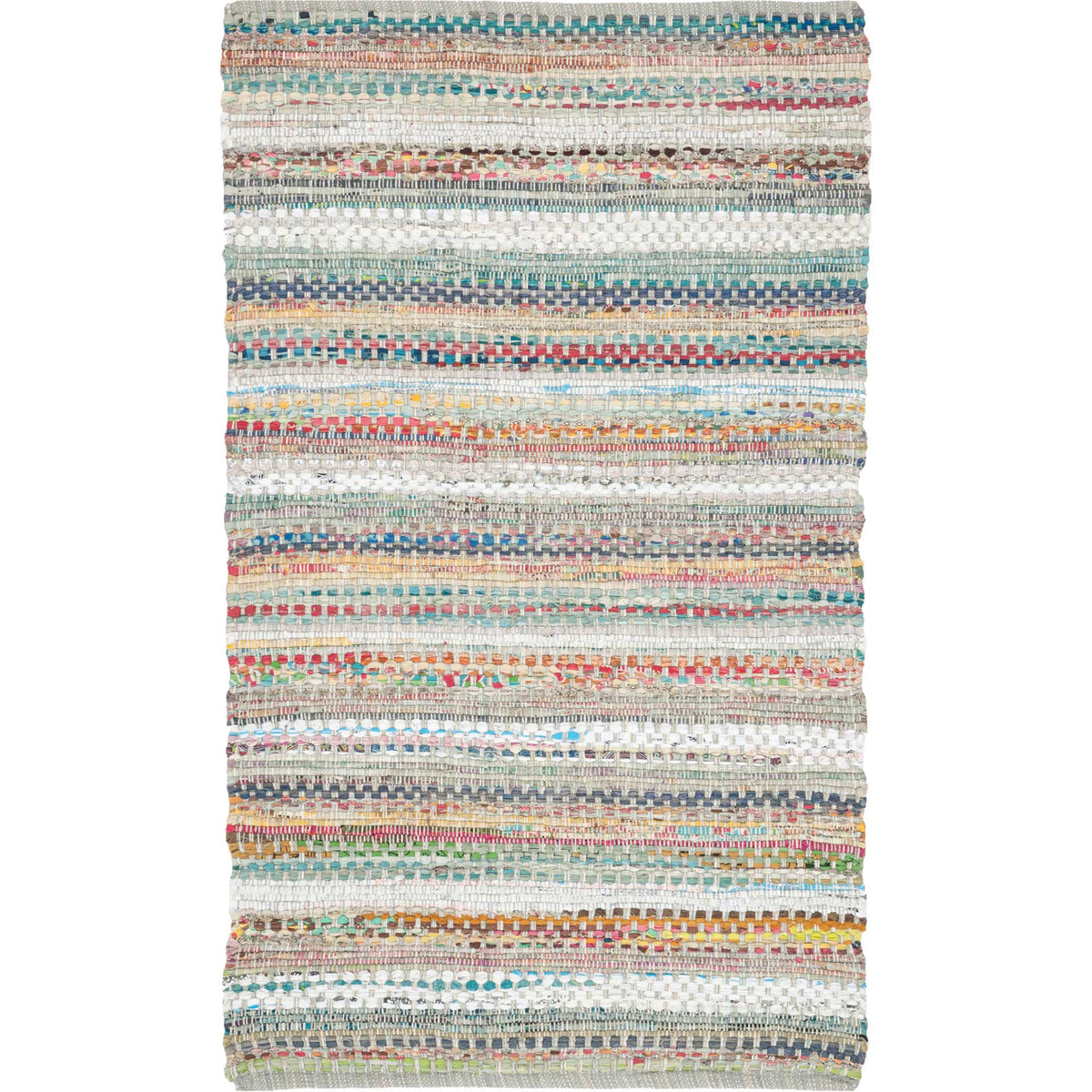 A small cotton rug blends gray and cream bands with lively turquoise, coral and pink accents.