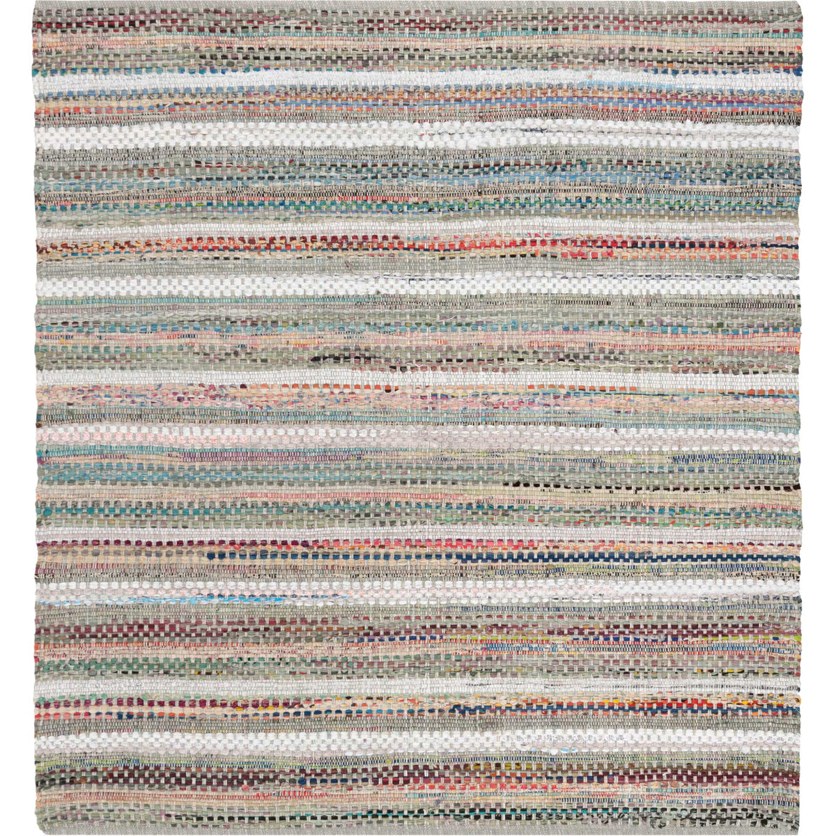 A square gray cotton rug weaves colorful threads through closely spaced neutral stripes.