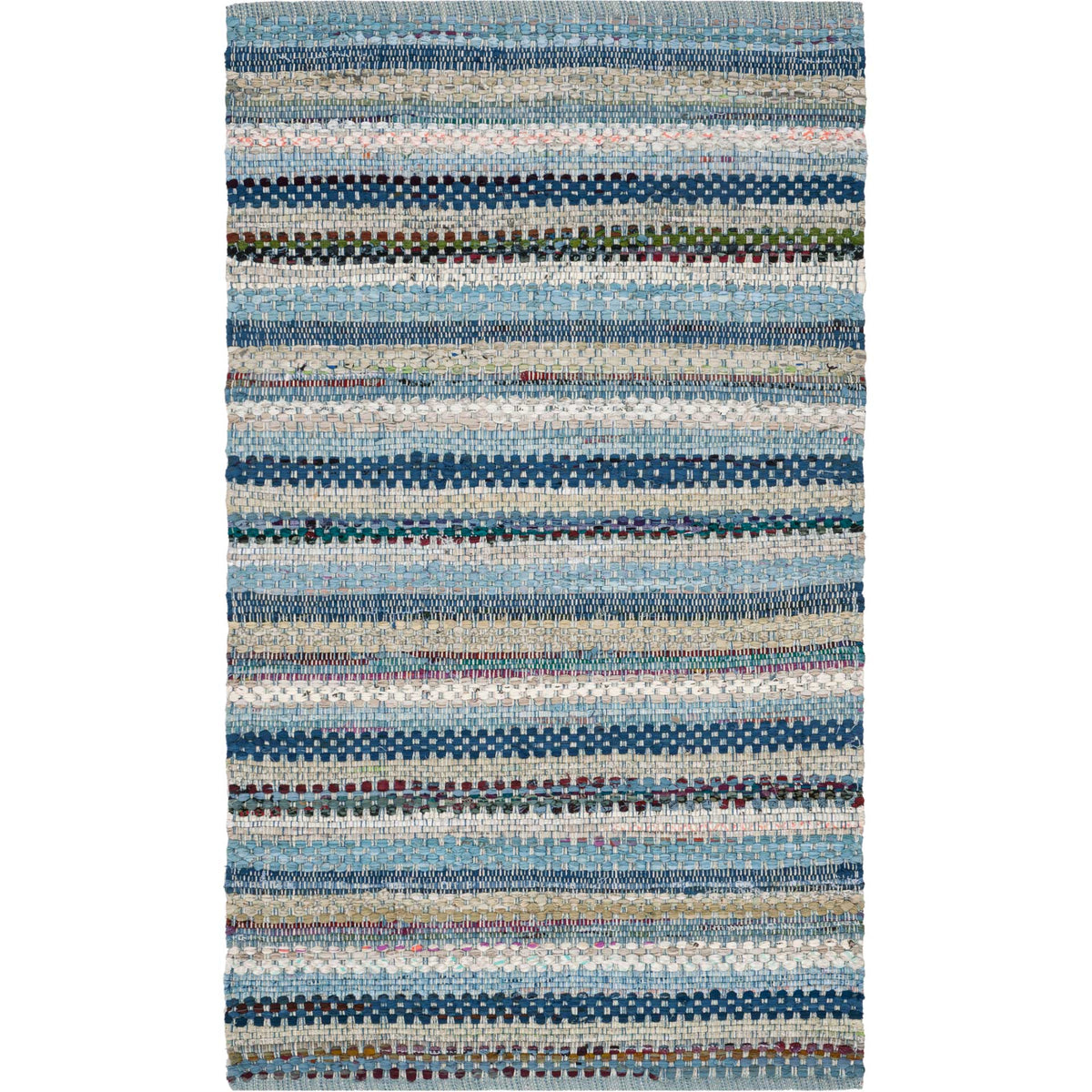Denim blue and navy stripes weave through this compact cotton rug with scattered color accents.