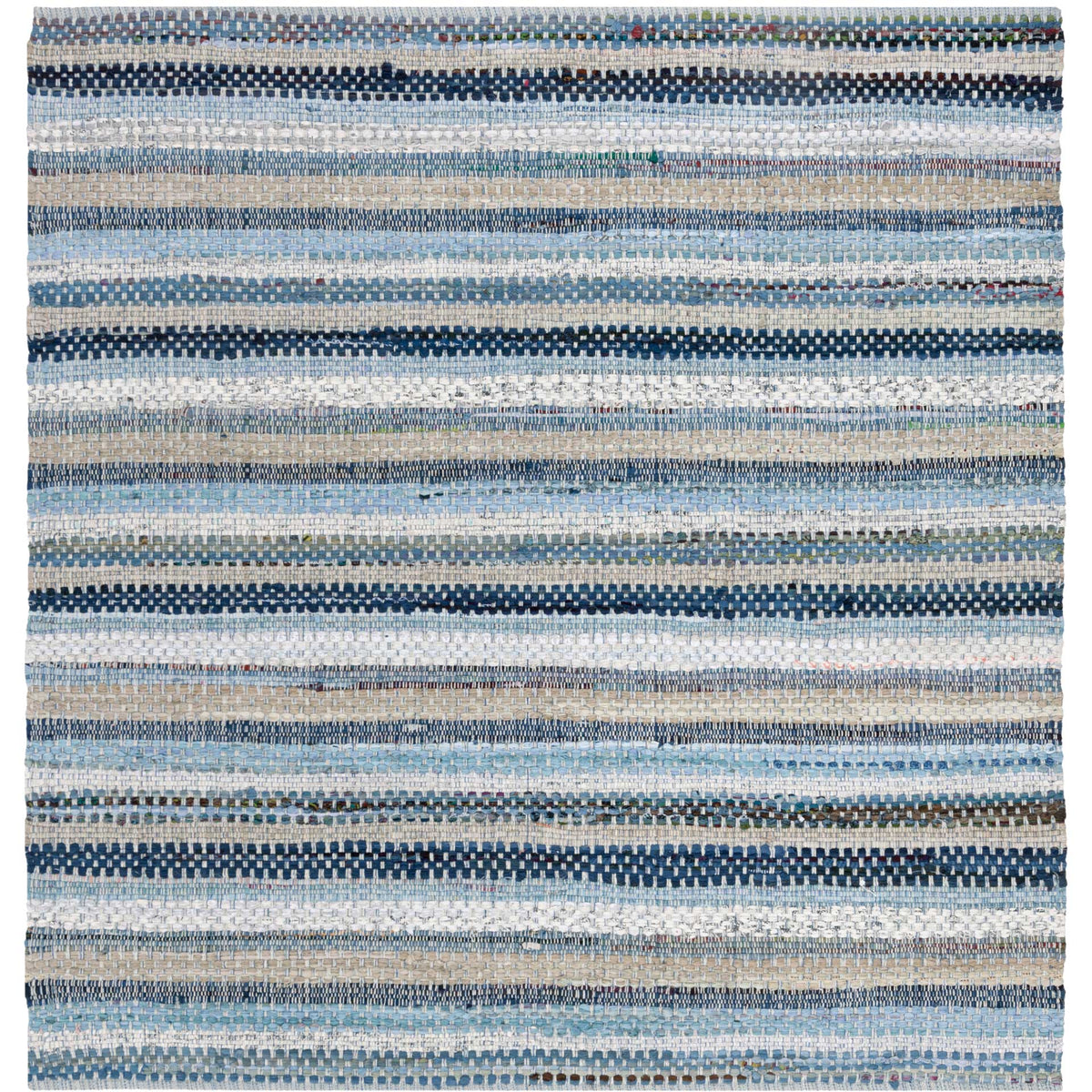 A square cotton rug layers navy, powder blue and cream stripes for a crisp, textured look.