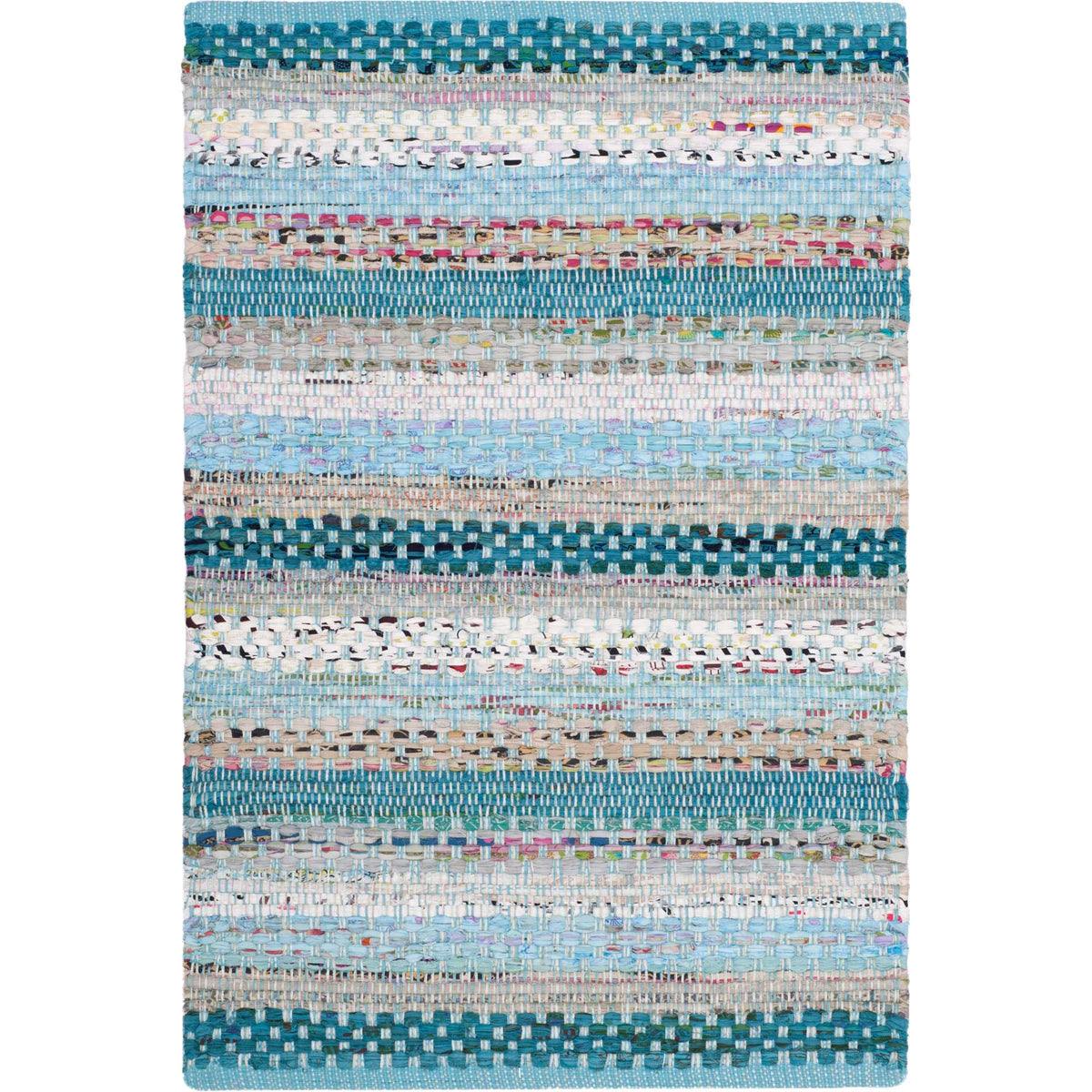 A compact aqua cotton rug features bold blue bands and lively multicolored woven flecks.