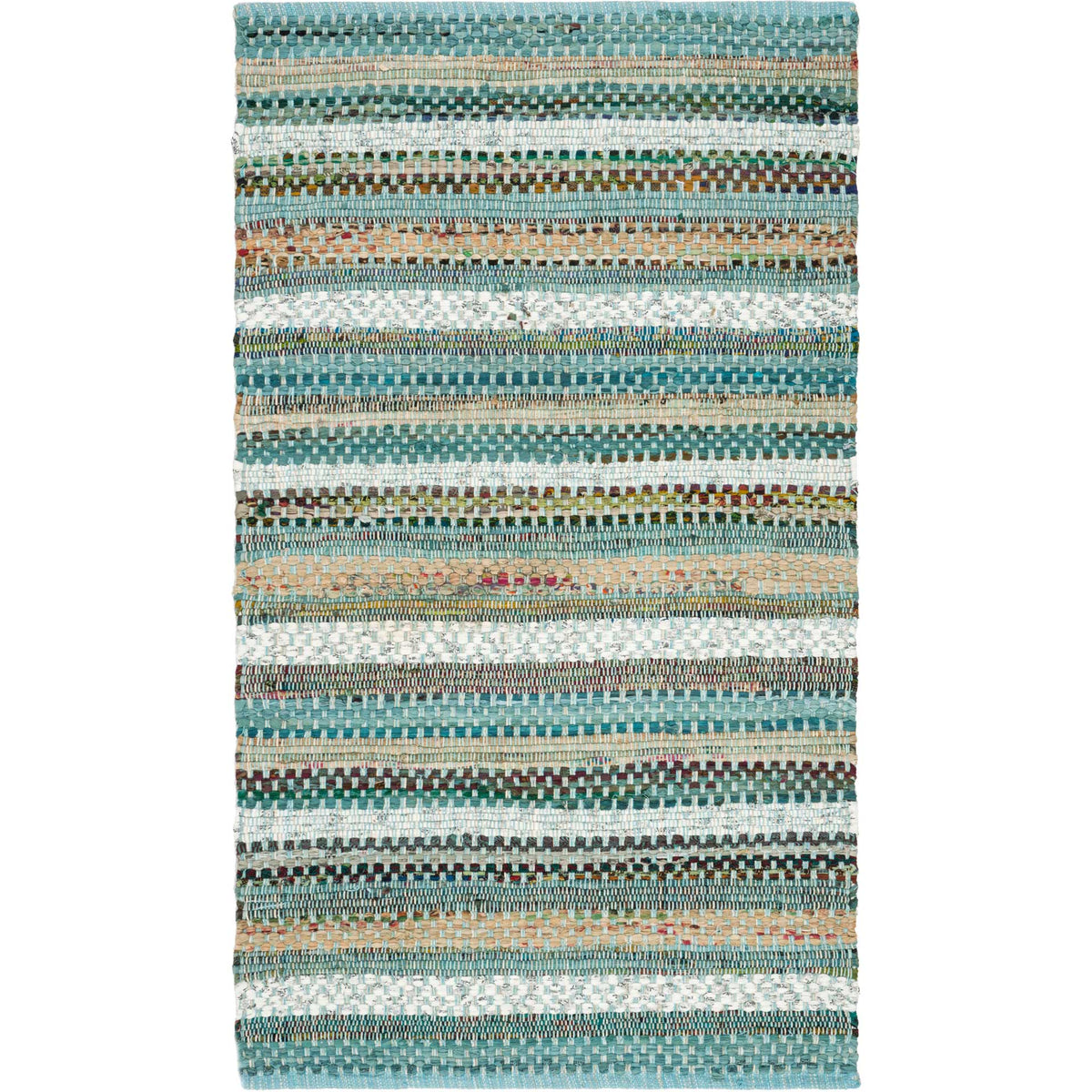 Dense aqua and teal woven stripes give this small cotton rug inviting texture and color.