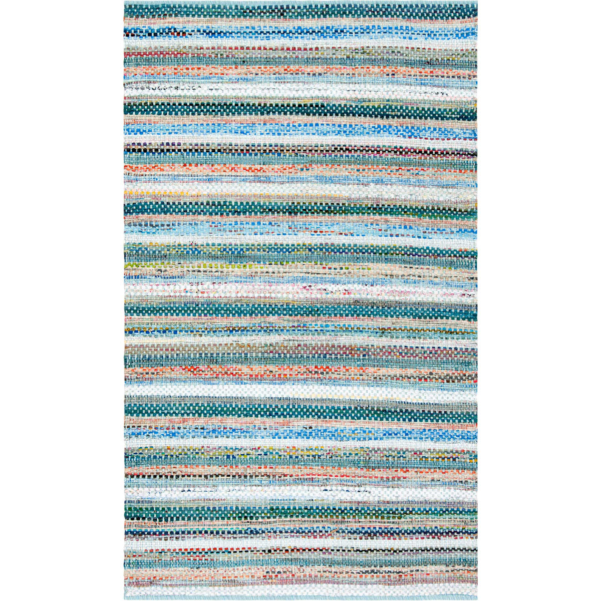 A rectangular cotton rug layers bright aqua and blue stripes with playful multicolored threads.