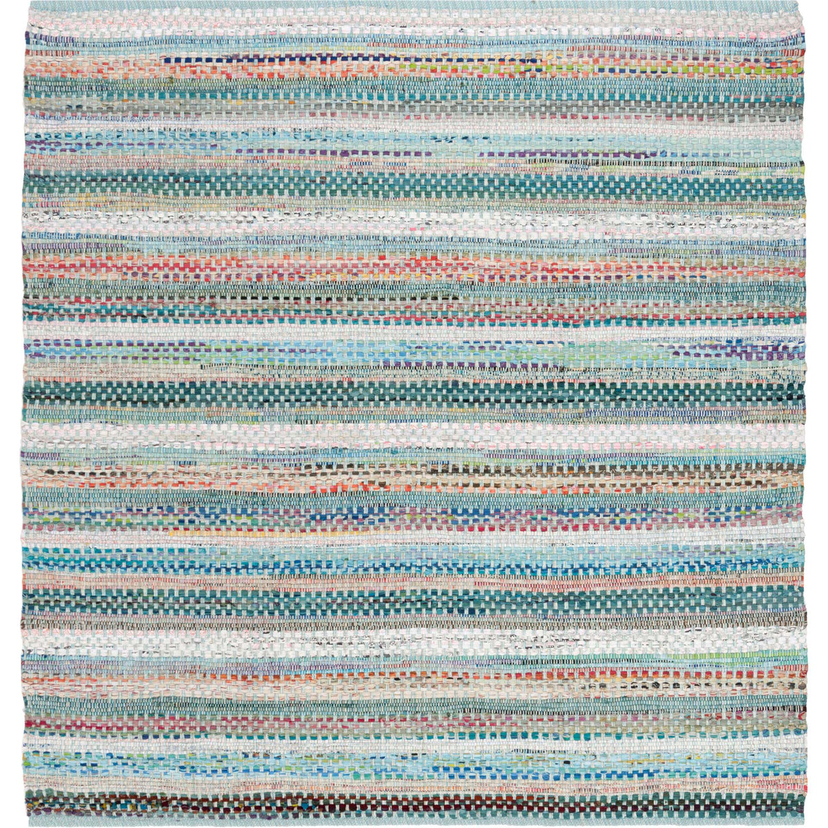 A square cotton rug mixes aqua bands with vivid coral, blue and cream woven accents.