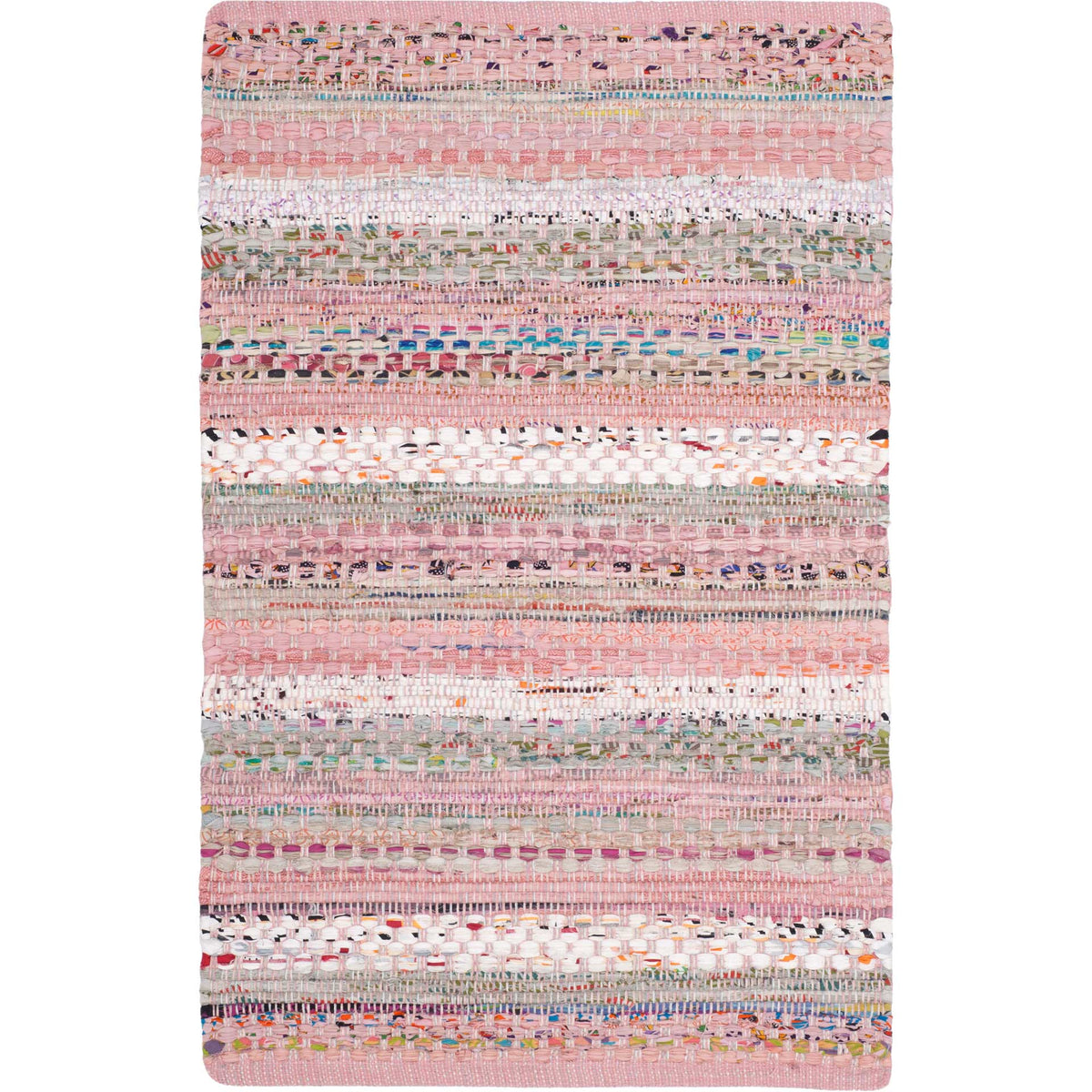 A compact pink cotton rug features chunky woven stripes and colorful flecks against pale cream.