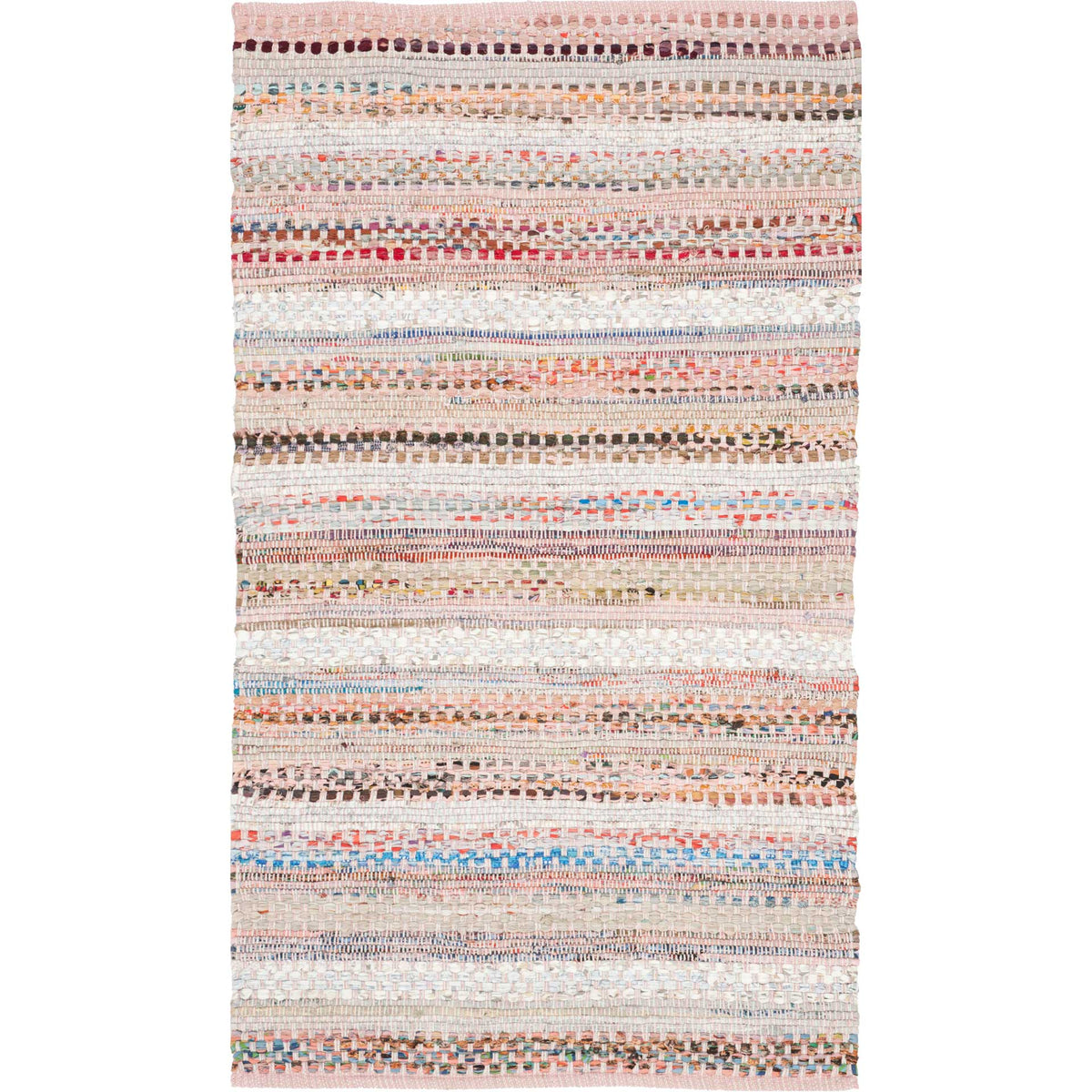 A small blush cotton rug blends peach and cream stripes with bright scattered yarns.