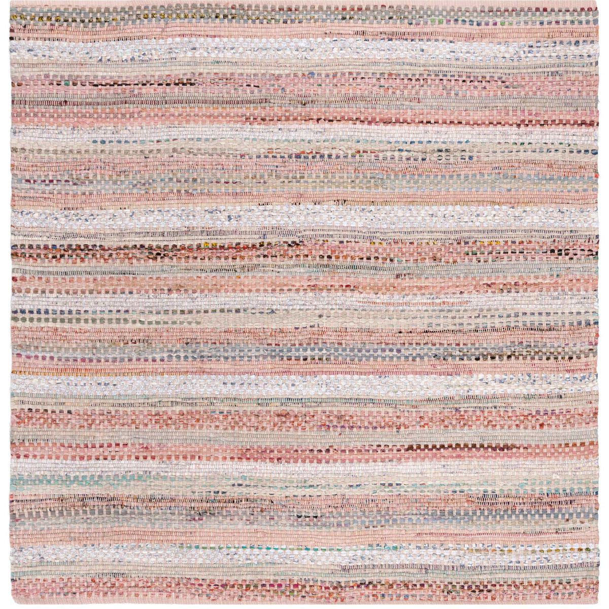 A square cotton rug mingles rosy pink, soft cream and fine blue accents in woven stripes.