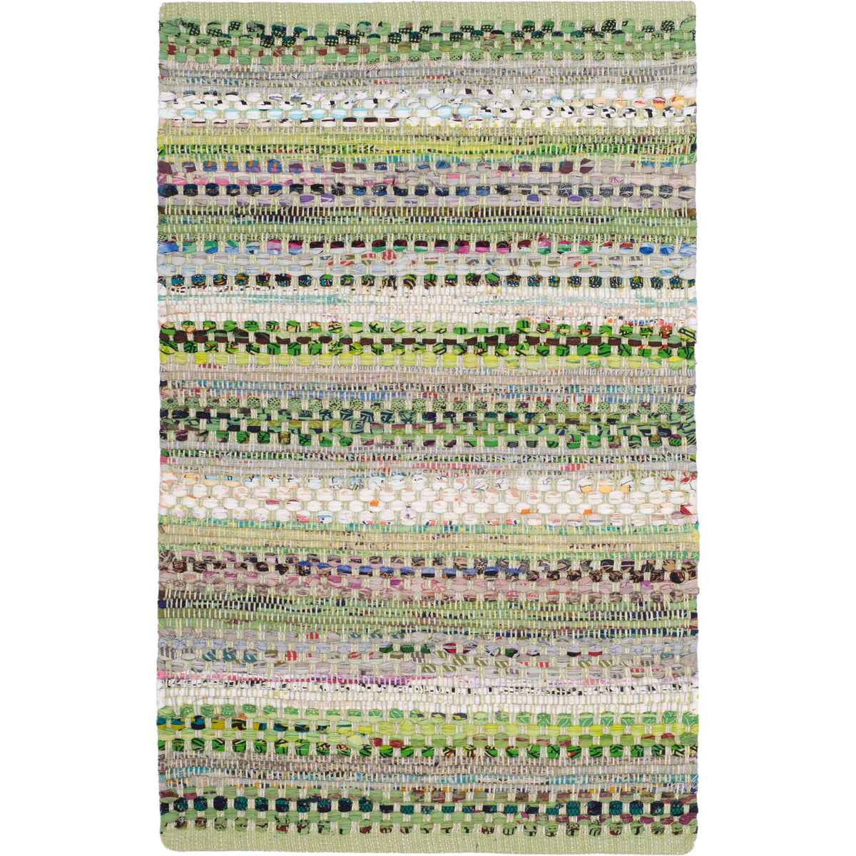 Lime and moss stripes enliven this compact cotton rug with rich, irregular woven texture.