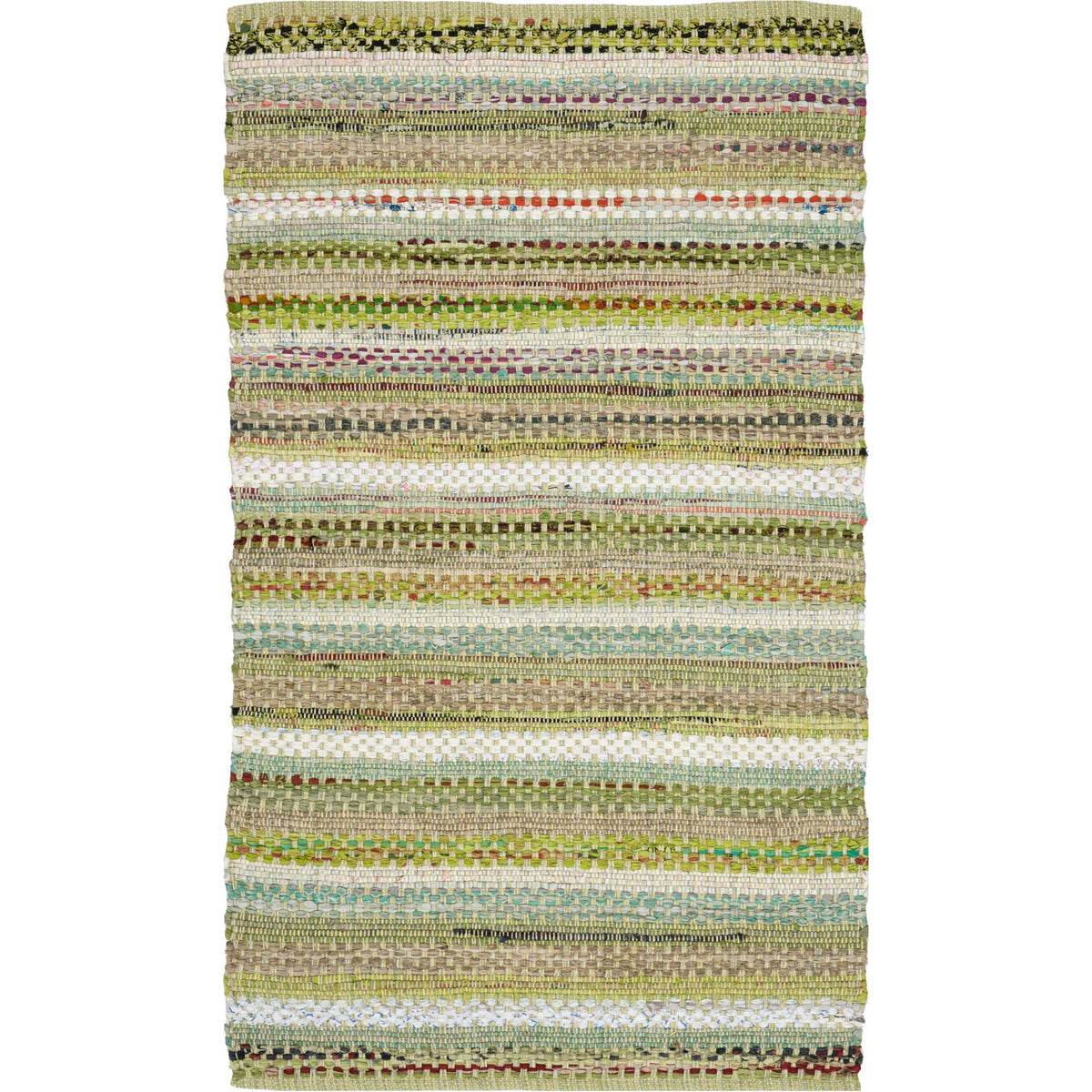 A small woven cotton rug mixes fresh green stripes with earthy tones and playful color flecks.