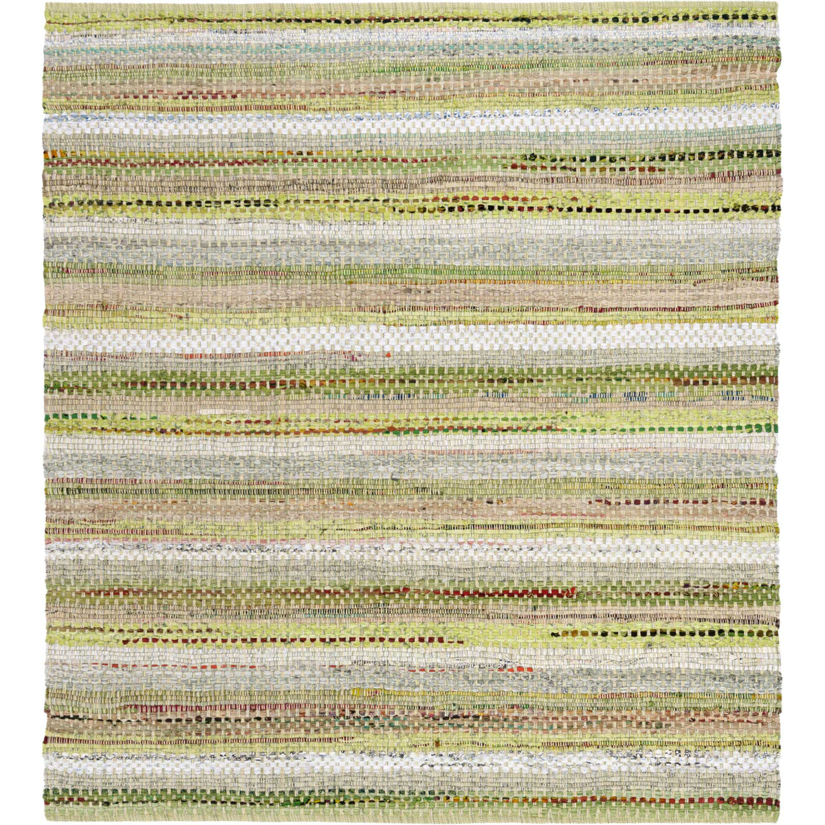 A square cotton rug weaves soft green and ivory stripes with hints of rust and blue.