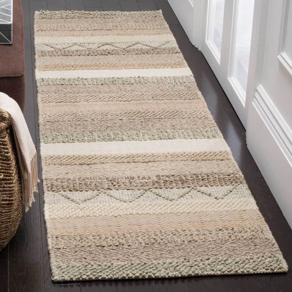Textured beige and ivory runner with chunky woven stripes and geometric details