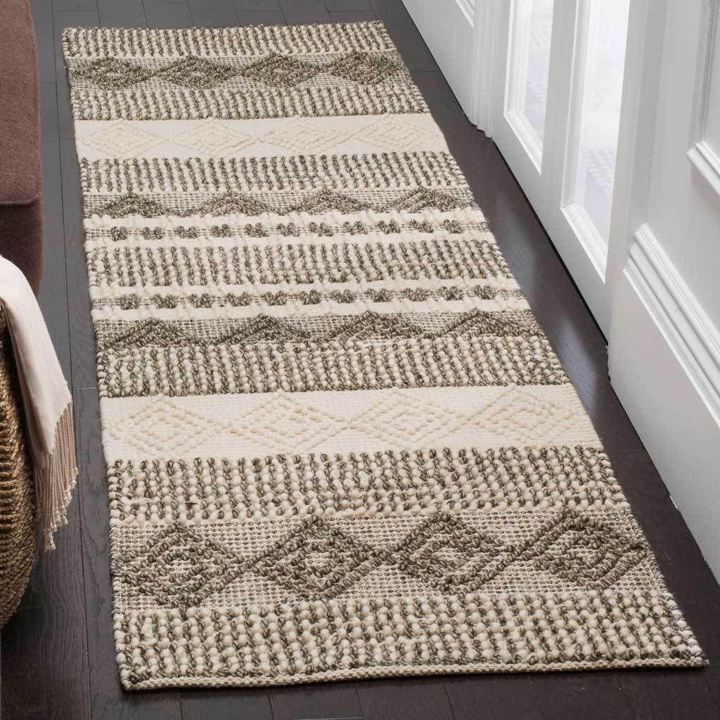 Gray and ivory runner adds soft woven texture and diamond motifs to a narrow space