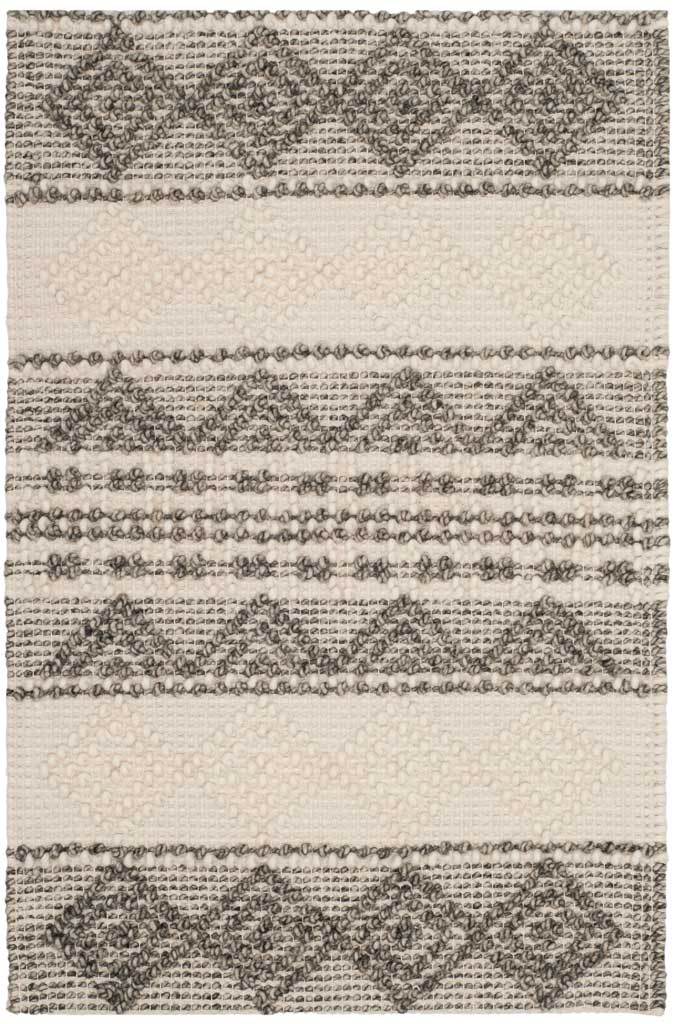 Gray diamond motifs and soft ivory stripes bring woven character to this accent rug.