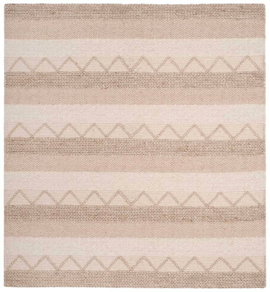 This square rug blends warm beige and ivory stripes with textured rows of geometric peaks.