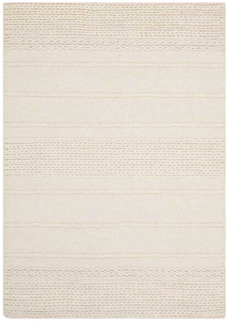 Smooth ivory bands contrast with textured weave on this rectangular wool-cotton rug.